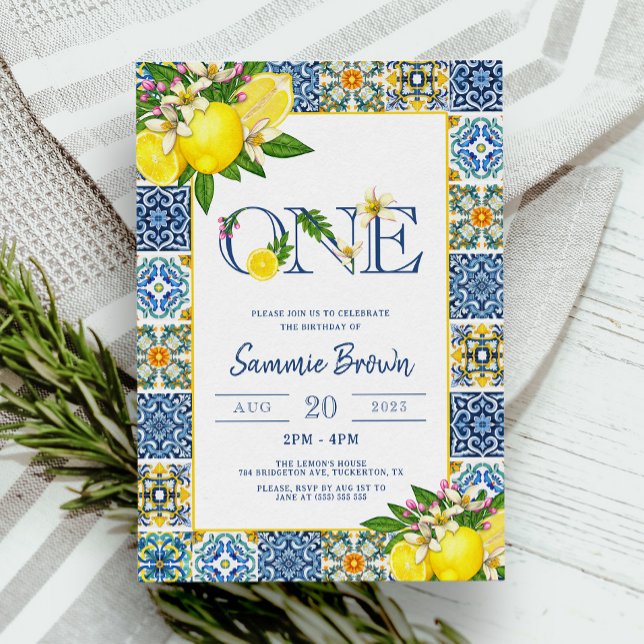 Mediterranean Lemon Photo Girl 1st Birthday Party Invitation (Creator Uploaded)