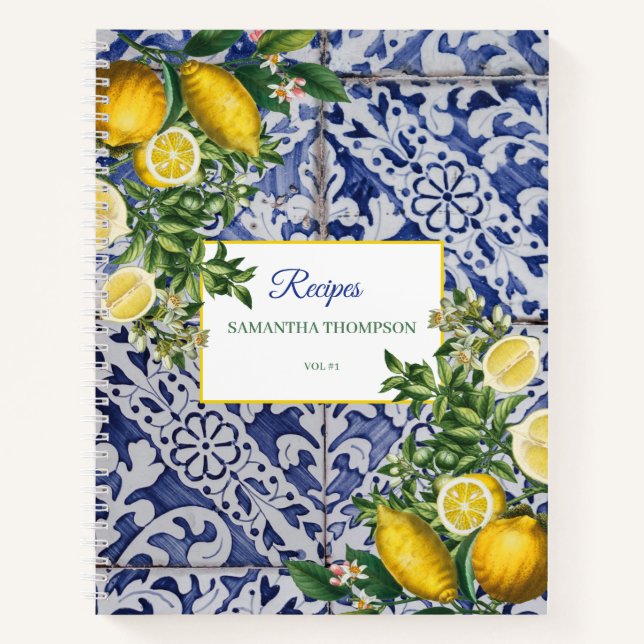 Mediterranean Lemon Summer Portuguese Tiles Recipe Notebook (Front)