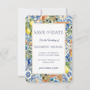 Mediterranean Lemon Tile Blue Floral Citrus Save The Date