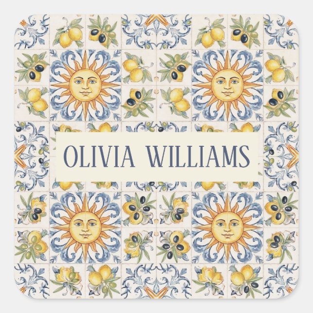 Mediterranean Lemon Tile Italian Coastal Design Square Sticker (Front)