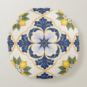 Mediterranean Lemon Tile Italian Talavera Round Cushion