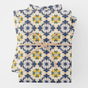 Mediterranean Lemon Tile Italian Talavera Wrapping Paper Sheet
