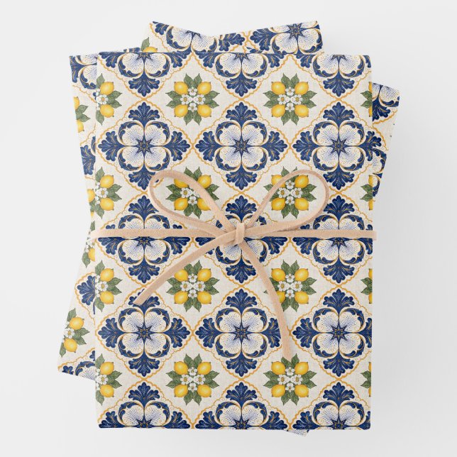 Mediterranean Lemon Tile Italian Talavera Wrapping Paper Sheet (In situ)