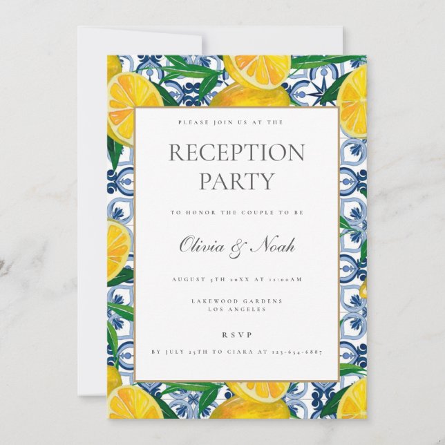 Mediterranean Lemon Tile Reception Invitation Card (Front)