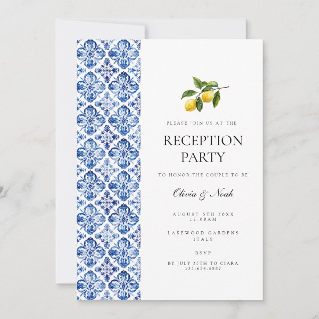 Mediterranean Lemon Tile Reception Invitation Card (Front)