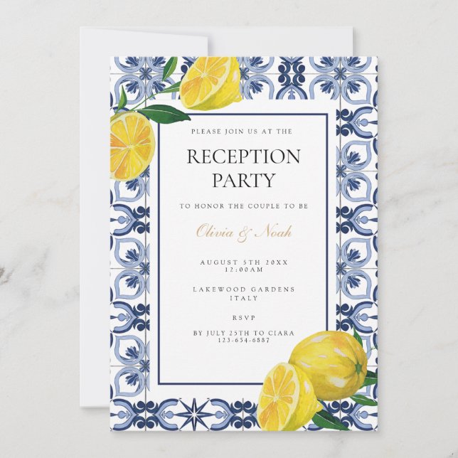 Mediterranean Lemon Tile Reception Invitation Card (Front)