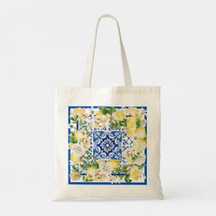 Mediterranean Lemon Tile Tote Bag Blue & Yellow