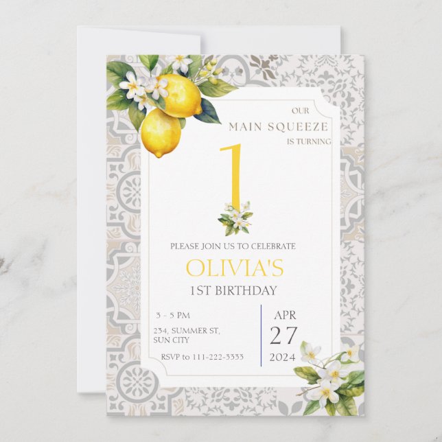 Mediterranean Lemon Tiles 1st 2nd 3rd Birthday  Invitation (Front)