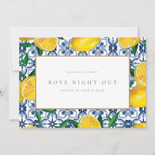 Mediterranean Lemon Tiles Bachelor Party Card (Front)