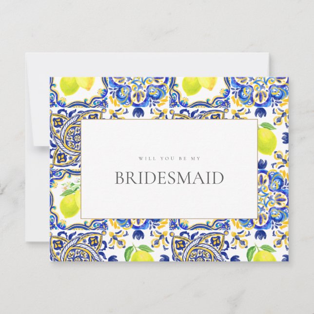 Mediterranean Lemon Tiles Bridesmaid Proposal Card (Front)