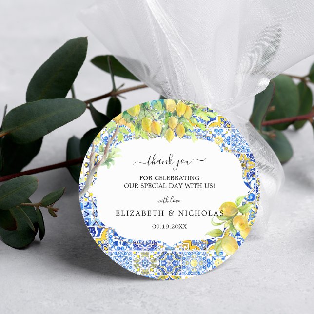 Mediterranean Lemon Tiles | Wedding Favour Classic Round Sticker (Creator Uploaded)
