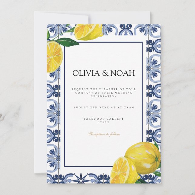 Mediterranean Lemon Tiles Wedding Invitation (Front)