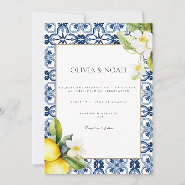 Mediterranean Lemon Tiles Wedding Invitation (Front)