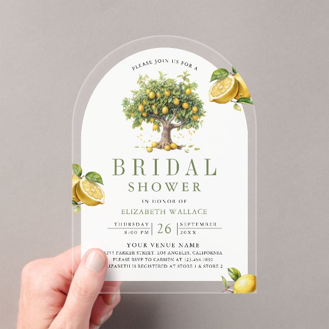 Mediterranean Lemon Tree Arch Bridal Shower Acrylic Invitations (Insitu (Handheld))