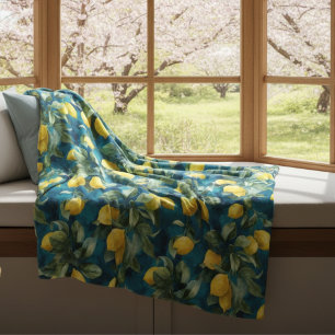 Mediterranean Lemon Watercolor Blue Yellow Pattern Fleece Blanket