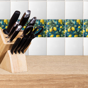 Mediterranean Lemon Watercolor Blue Yellow Pattern Tile