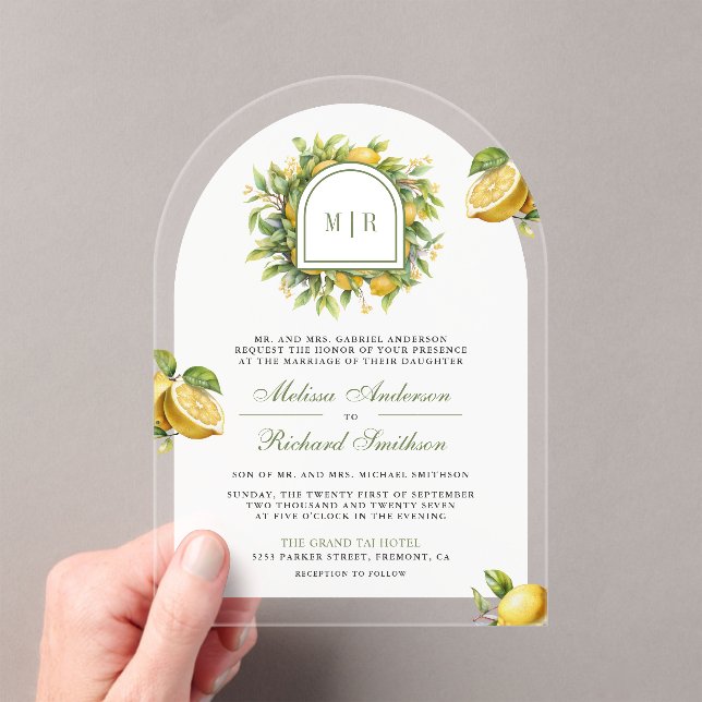 Mediterranean Lemon Wedding Acrylic Invitations (Insitu (Handheld))