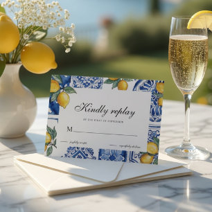Mediterranean Lemon Wedding Blue Tile  RSVP Card