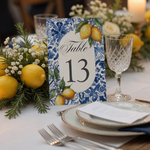 Mediterranean Lemon Wedding Blue Tile Table Number