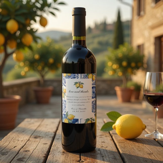 Mediterranean Lemon Wedding | Blue Tile Wine Label (Creator Uploaded)