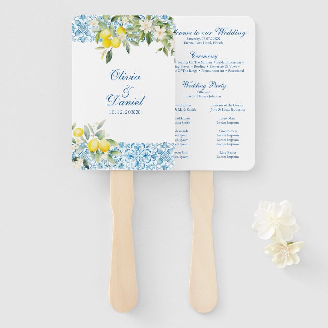 Mediterranean Lemon Wedding Program Fan (Front and Back)