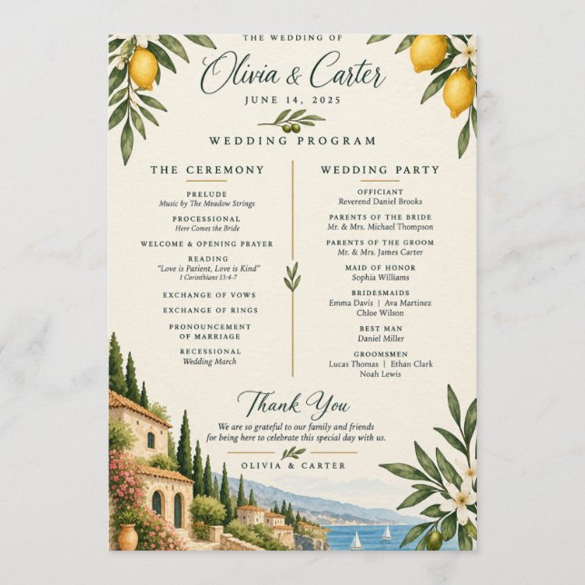Mediterranean Lemon Wedding Program | Italian Vill Programme (Front)