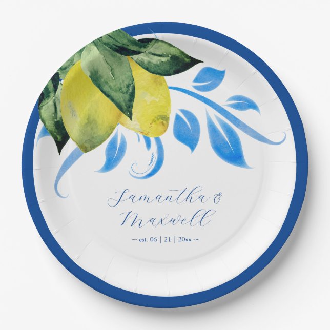 Mediterranean Lemon Wedding Table Decor Blue Paper Plate (Front)