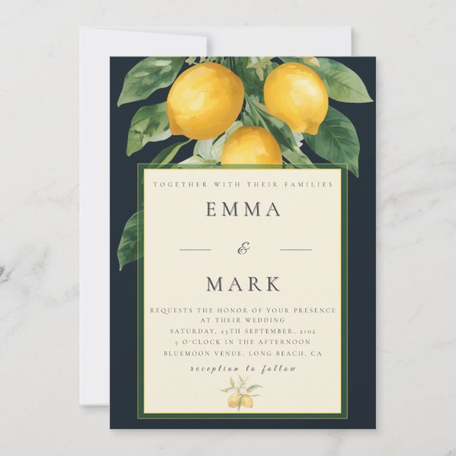 Mediterranean Lemon with QR Code | Navy Blue Invitation (Front)