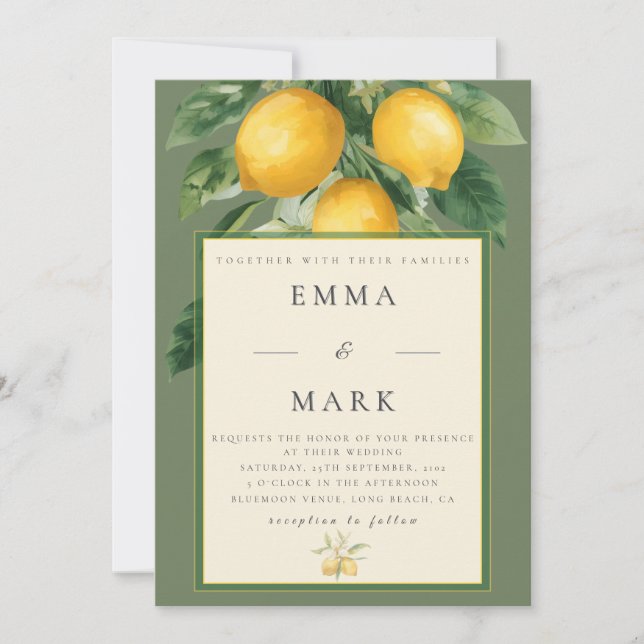 Mediterranean Lemon with QR Code | Olive Green Invitation (Front)