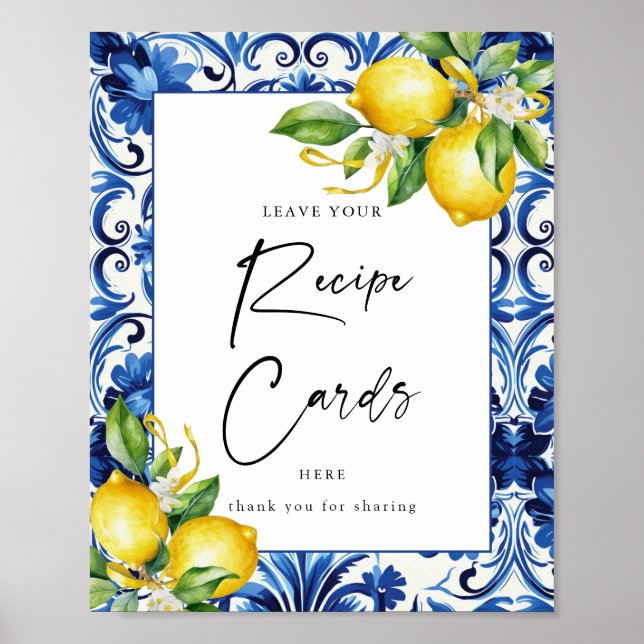 Mediterranean LemonaBridal Shower Recipe Card Sign (Front)