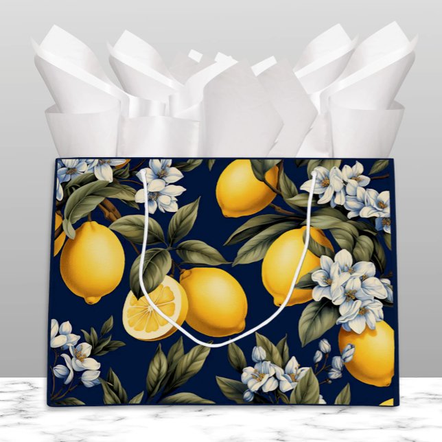 Mediterranean Lemons and Blossoms Navy Gift Bag (Mediterranean Lemons and Blossoms on Navy Gift Bag for Italian and Sicilian celebrations)