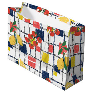 Mediterranean Lemons and Tomatoes Plaid Large Gift Bag
