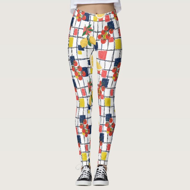 Mediterranean Lemons and Tomatoes Plaid Leggings (Front)