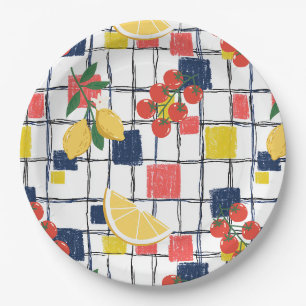 Mediterranean Lemons and Tomatoes Plaid Paper Plate