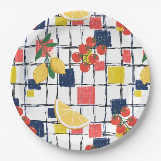 Mediterranean Lemons and Tomatoes Plaid Paper Plate (Front)