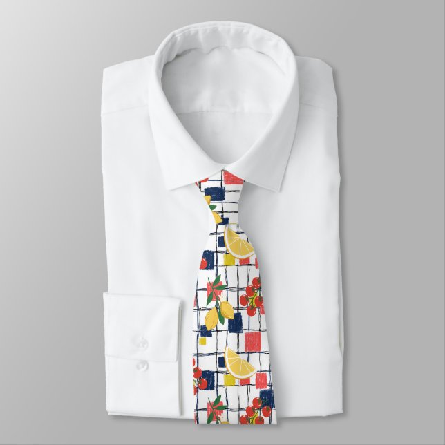 Mediterranean Lemons and Tomatoes Plaid Tie (Tied)