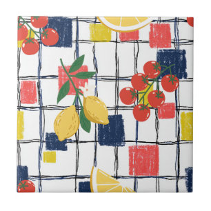 Mediterranean Lemons and Tomatoes Plaid Tile