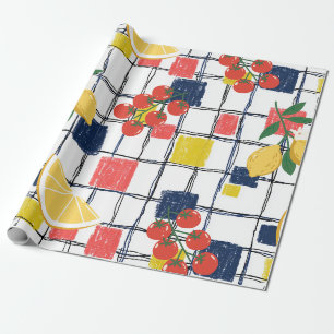 Mediterranean Lemons and Tomatoes Plaid Wrapping Paper
