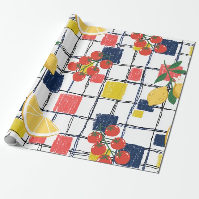 Mediterranean Lemons and Tomatoes Plaid Wrapping Paper (Unrolled)