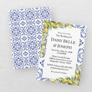Mediterranean Lemons Blue Mosaic Tile Wedding Invitation