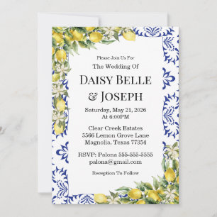 Mediterranean Lemons Blue Mosaic Tile Wedding Invitation