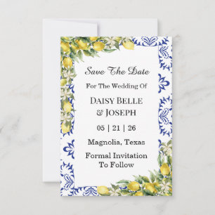 Mediterranean Lemons Blue Mosaic Tile Wedding Save The Date