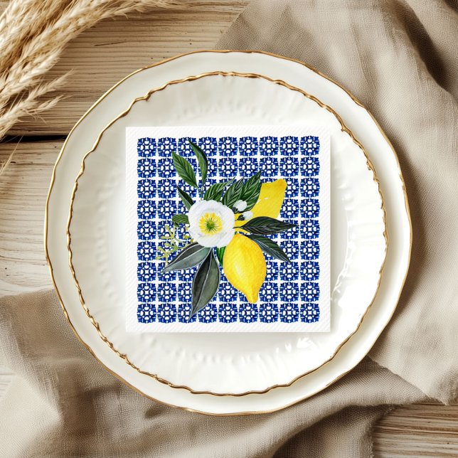 Mediterranean Lemons Blue Tile Paper Napkin (Creator Uploaded)