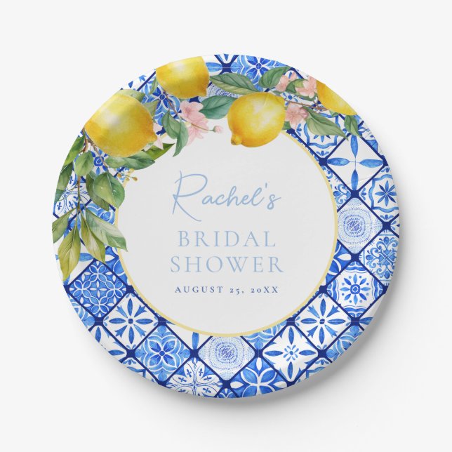 Mediterranean Lemons Blue Tiles Bridal Shower Paper Plate (Front)