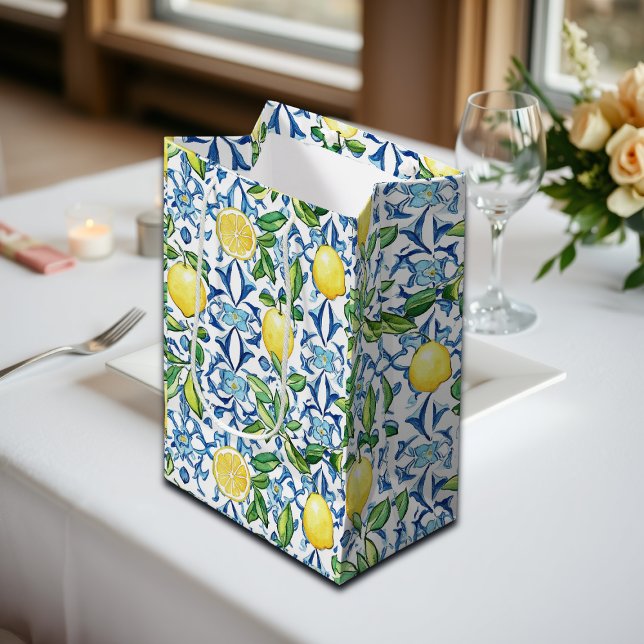 Mediterranean Lemons Blue Tiles Medium Gift Bag (Creator Uploaded)