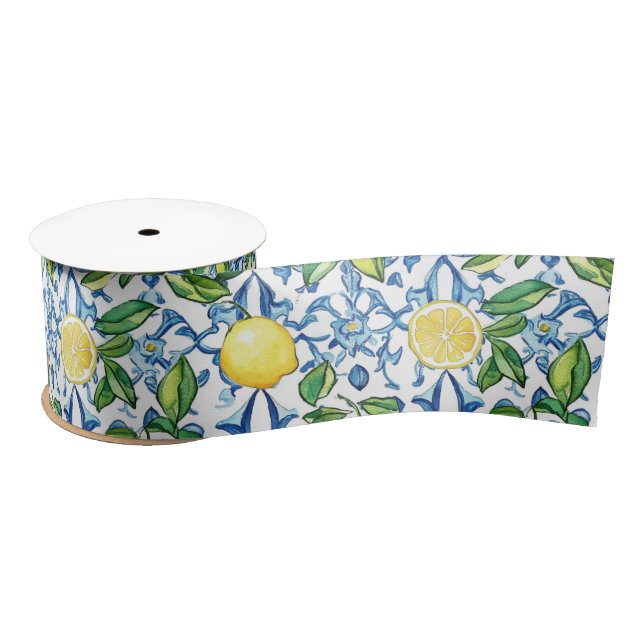 Mediterranean Lemons Blue Tiles Satin Ribbon (Spool)