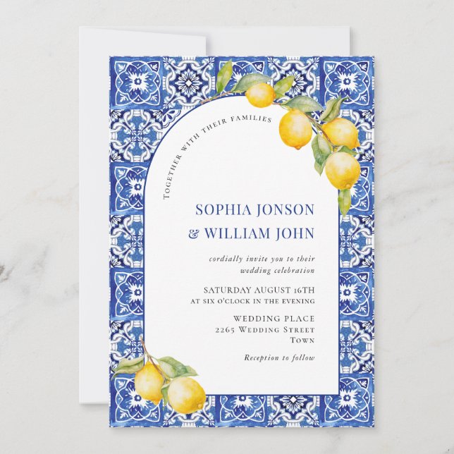 Mediterranean Lemons Blue Tiles Wedding Invitation (Front)