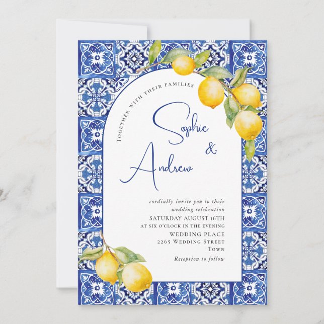 Mediterranean Lemons Blue Tiles Wedding Invitation (Front)