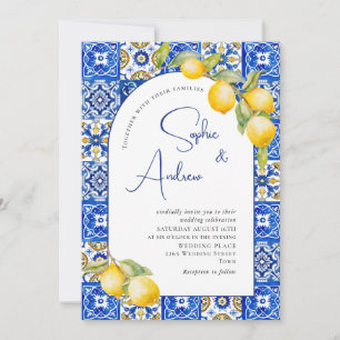 Mediterranean Lemons Blue Tiles Wedding Invitation