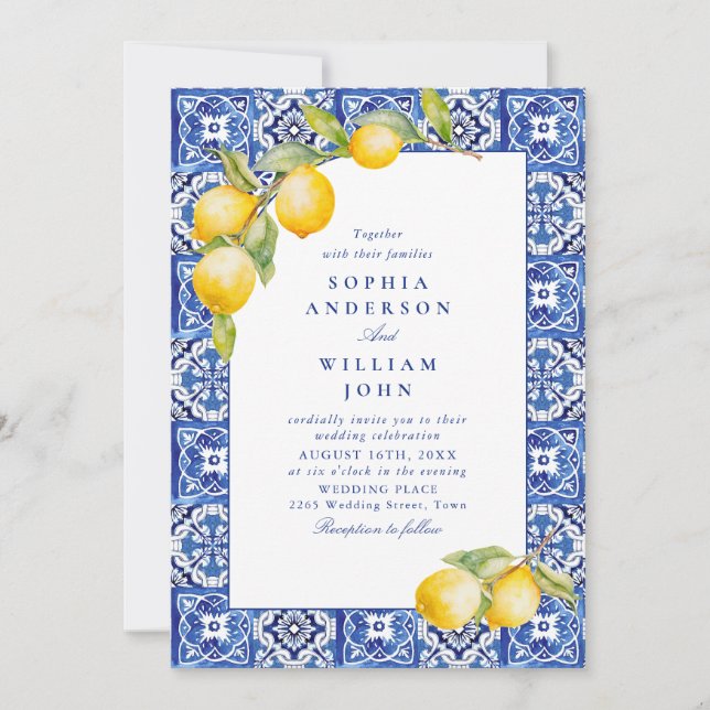 Mediterranean Lemons Blue Tiles Wedding Photo Invitation (Front)
